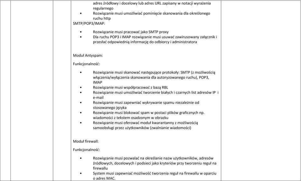 skanowad następujące protokoły: SMTP (z możliwością włączenia/wyłączenia skanowania dla autoryzowanego ruchu), POP3, IMAP Rozwiązanie musi współpracowad z bazą RBL Rozwiązanie musi umożliwiad