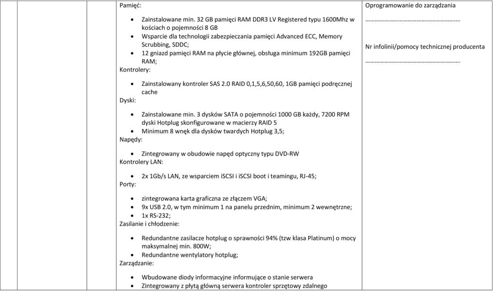 głównej, obsługa minimum 192GB pamięci RAM; Kontrolery: Oprogramowanie do zarządzania Nr infolinii/pomocy technicznej producenta Dyski: Zainstalowany kontroler SAS 2.