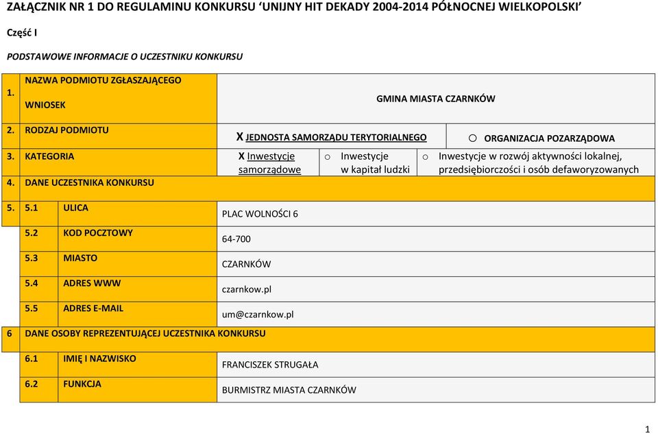 3 MIASTO 5.4 ADRES WWW 5.5 ADRES E-MAIL X JEDNOSTA SAMORZĄDU TERYTORIALNEGO PLAC WOLNOŚCI 6 64-700 CZARNKÓW czarnkow.pl um@czarnkow.