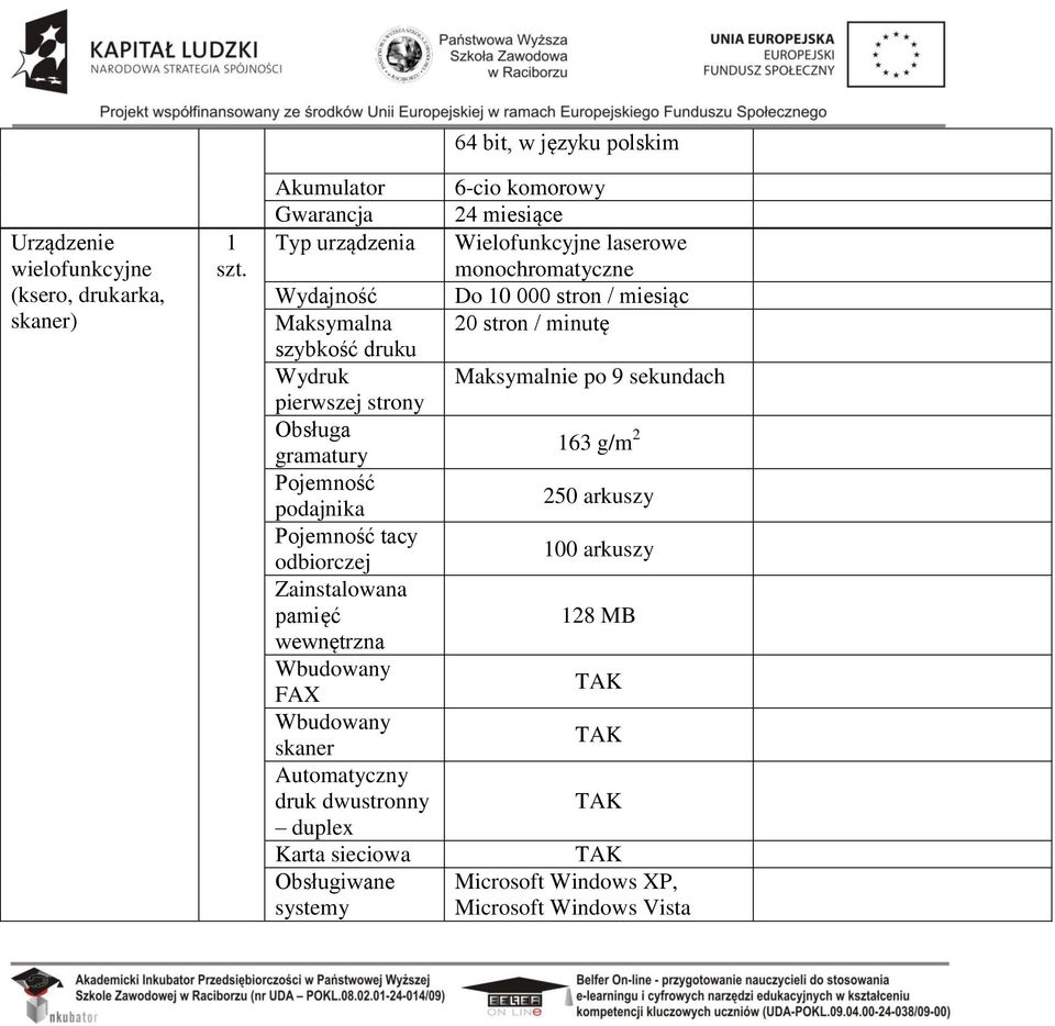 Wbudowany skaner Automatyczny druk dwustronny duplex Obsługiwane systemy 6-cio komorowy 24 miesiące Wielofunkcyjne laserowe monochromatyczne Do