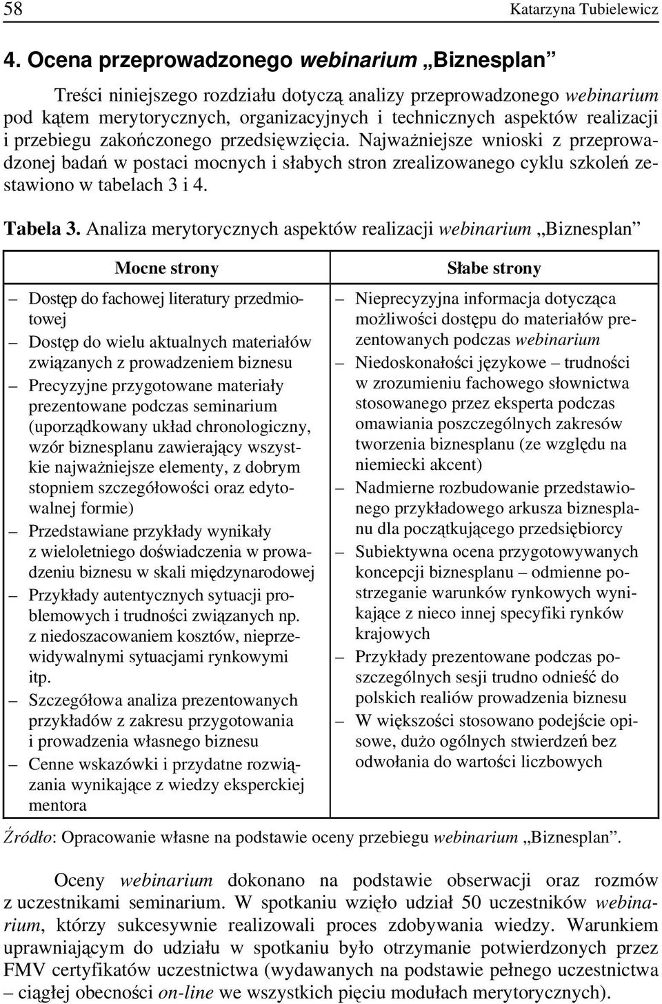 przebiegu zakończonego przedsięwzięcia. Najważniejsze wnioski z przeprowadzonej badań w postaci mocnych i słabych stron zrealizowanego cyklu szkoleń zestawiono w tabelach 3 i 4. Tabela 3.