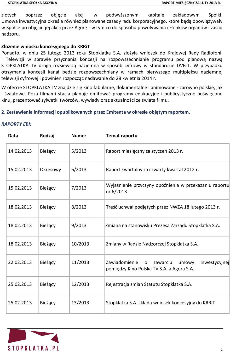 nadzoru. Złożenie wniosku koncesyjnego do KRRiT Ponadto, w dniu 25 lutego 2013 roku Stopklatka S.A.