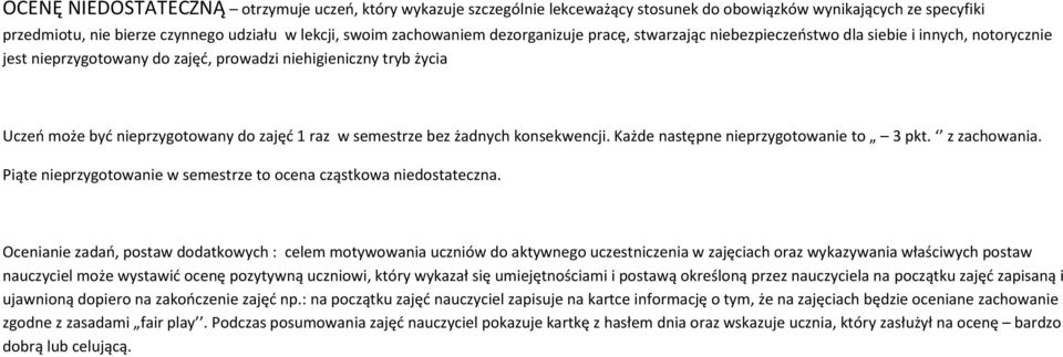 semestrze bez żadnych konsekwencji. Każde następne nieprzygotowanie to 3 pkt. z zachowania. Piąte nieprzygotowanie w semestrze to ocena cząstkowa niedostateczna.