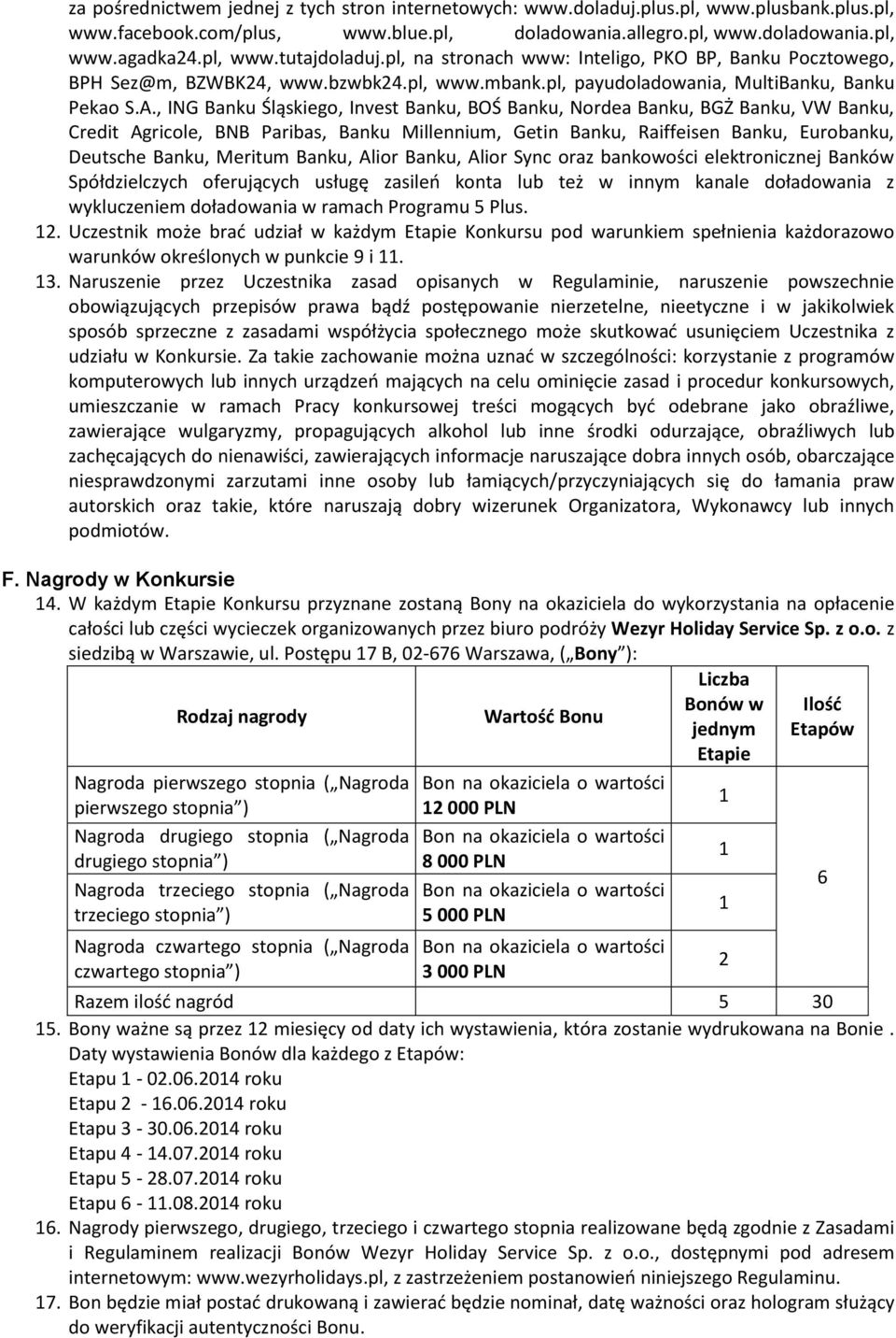 , ING Banku Śląskiego, Invest Banku, BOŚ Banku, Nordea Banku, BGŻ Banku, VW Banku, Credit Agricole, BNB Paribas, Banku Millennium, Getin Banku, Raiffeisen Banku, Eurobanku, Deutsche Banku, Meritum