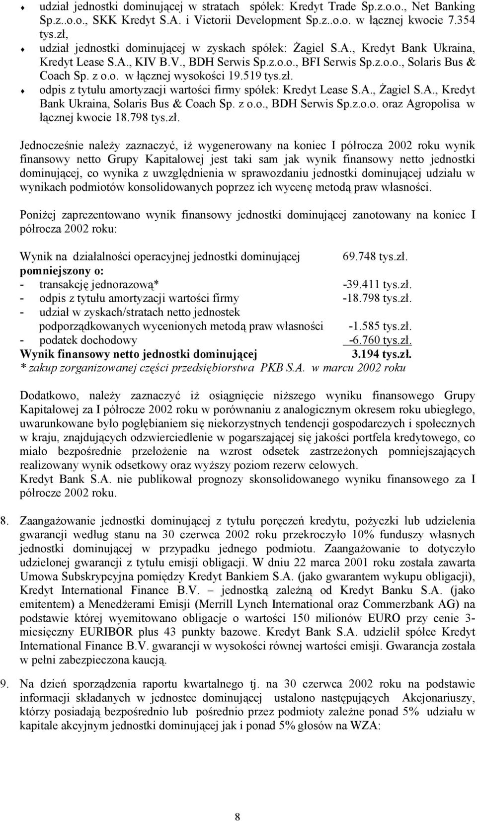 519 tys.zł. odpis z tytułu amortyzacji wartości firmy spółek: Kredyt Lease S.A., Żagiel S.A., Kredyt Bank Ukraina, Solaris Bus & Coach Sp. z o.o., BDH Serwis Sp.z.o.o. oraz Agropolisa w łącznej kwocie 18.