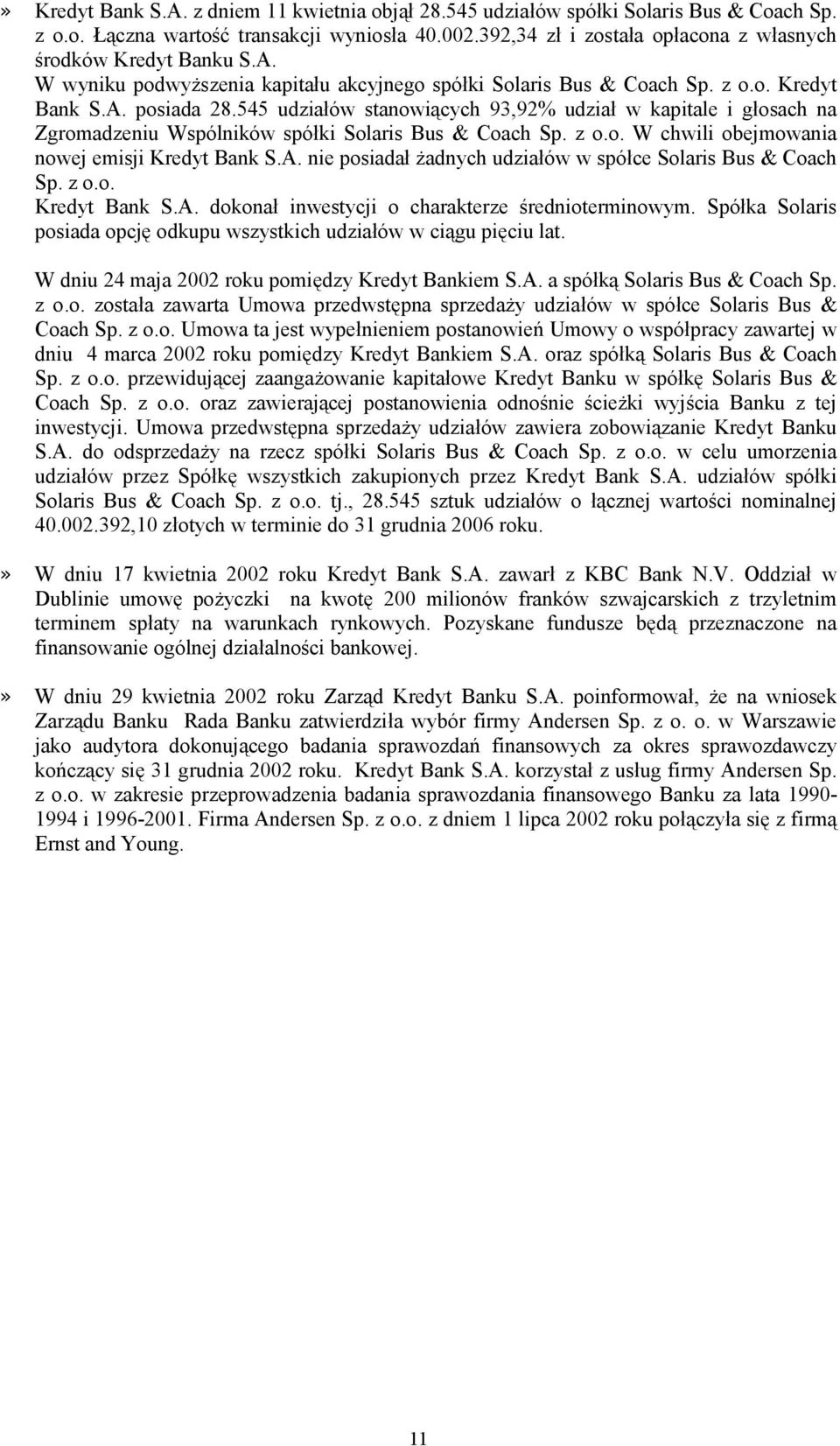 545 udziałów stanowiących 93,92% udział w kapitale i głosach na Zgromadzeniu Wspólników spółki Solaris Bus & Coach Sp. z o.o. W chwili obejmowania nowej emisji Kredyt Bank S.A.