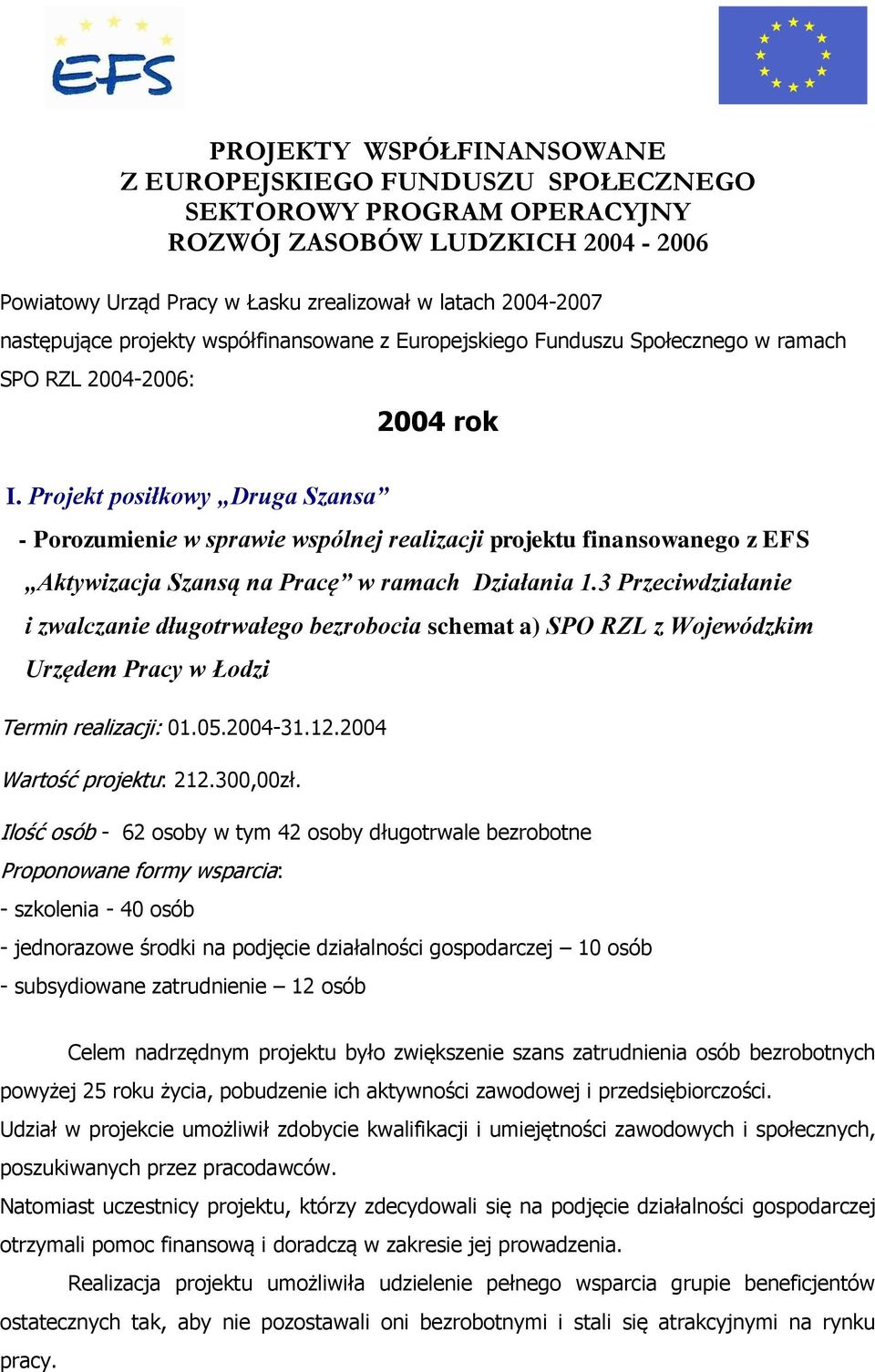 Projekt posiłkowy Druga Szansa - Porozumienie w sprawie wspólnej realizacji projektu finansowanego z EFS Aktywizacja Szansą na Pracę w ramach Działania 1.