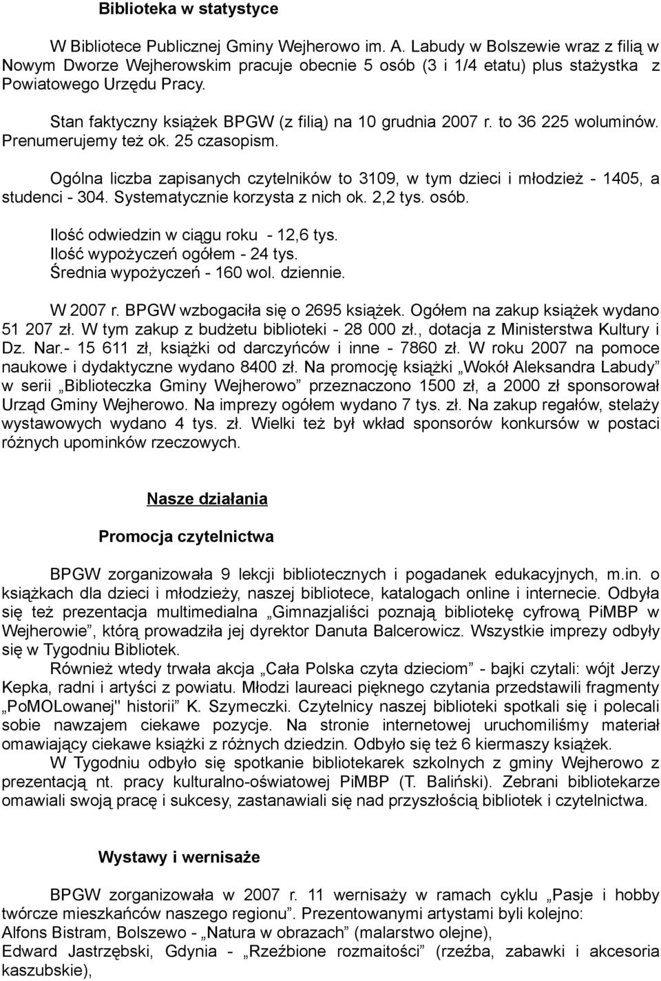 Stan faktyczny książek BPGW (z filią) na 10 grudnia 2007 r. to 36 225 woluminów. Prenumerujemy też ok. 25 czasopism.