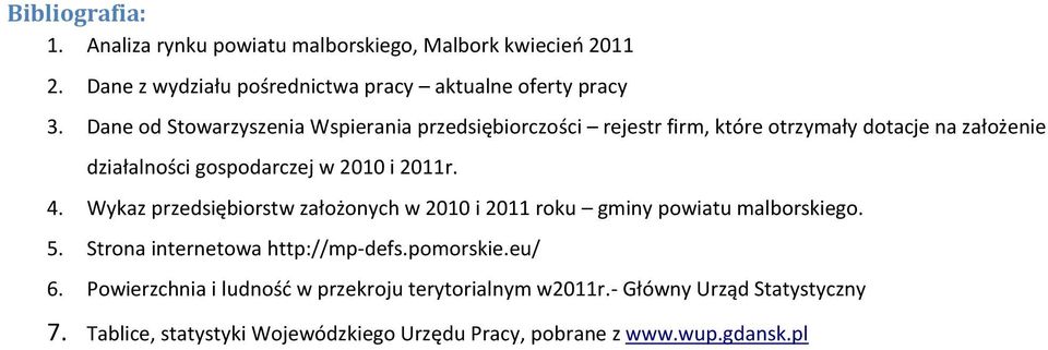 4. Wykaz przedsiębiorstw założonych w 2010 i 2011 roku gminy powiatu malborskiego. 5. Strona internetowa http://mp-defs.pomorskie.eu/ 6.