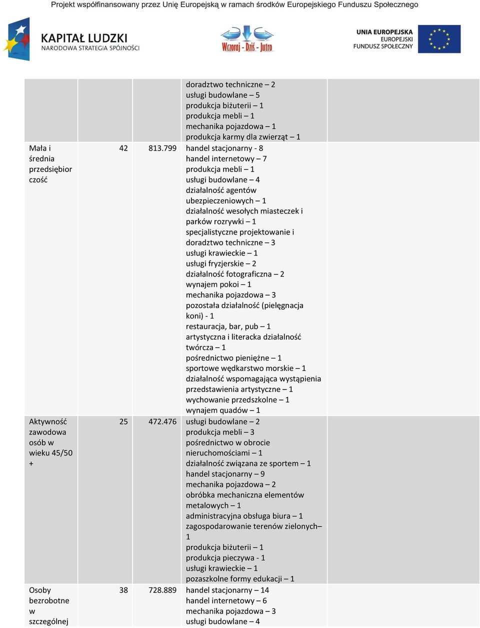 799 handel stacjonarny - 8 handel internetowy 7 produkcja mebli 1 usługi budowlane 4 działalność agentów ubezpieczeniowych 1 działalność wesołych miasteczek i parków rozrywki 1 specjalistyczne