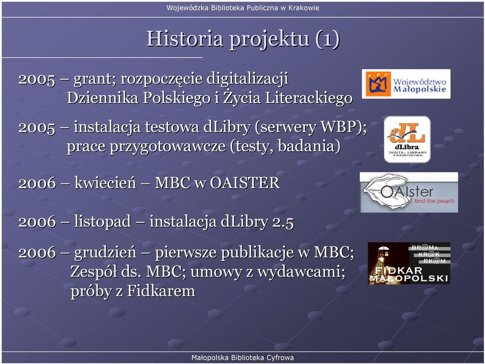 (testy, badania) 2006 kwiecień MBC w OAISTER 2006 listopad instalacja dlibry 2.