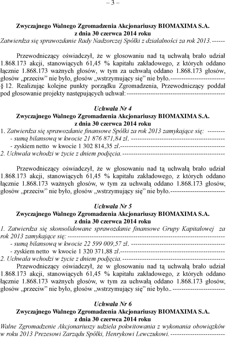 Zatwierdza się sprawozdanie finansowe Spółki za rok 2013 zamykające się: -------- - sumą bilansową w kwocie 21 876 871,84 zł.