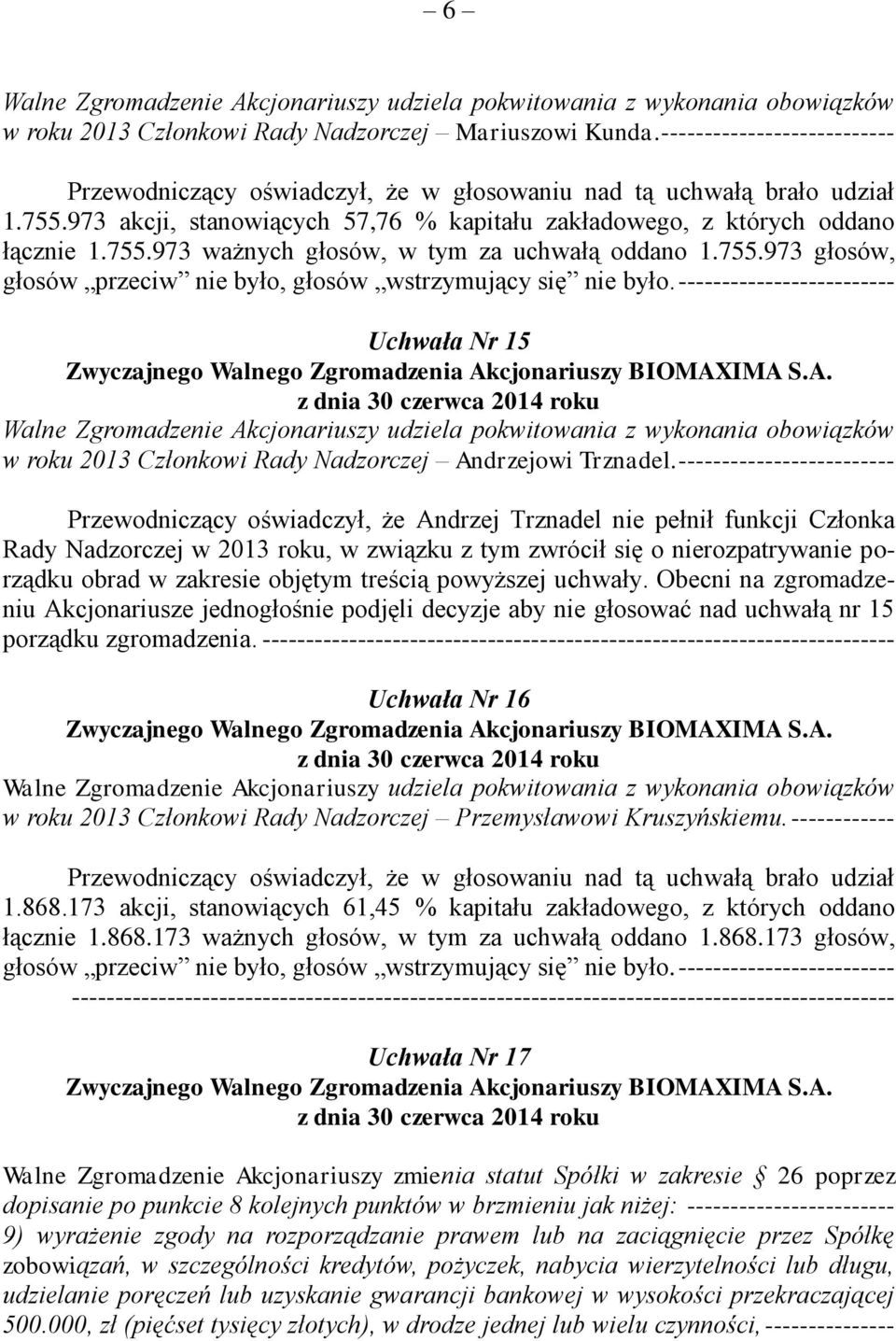 ------------------------- Przewodniczący oświadczył, że Andrzej Trznadel nie pełnił funkcji Członka Rady Nadzorczej w 2013 roku, w związku z tym zwrócił się o nierozpatrywanie porządku obrad w