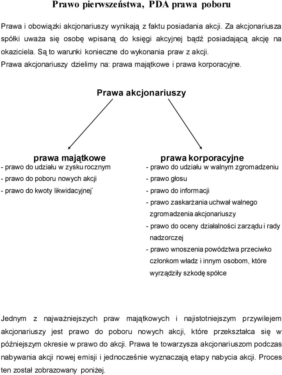 Prawa akcjonariuszy dzielimy na: prawa majątkowe i prawa korporacyjne.