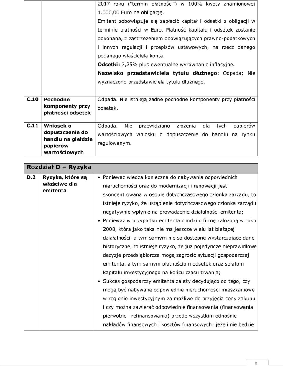 Odsetki: 7,25% plus ewentualne wyrównanie inflacyjne. Nazwisko przedstawiciela tytułu dłuŝnego: Odpada; Nie wyznaczono przedstawiciela tytułu dłuŝnego. C.