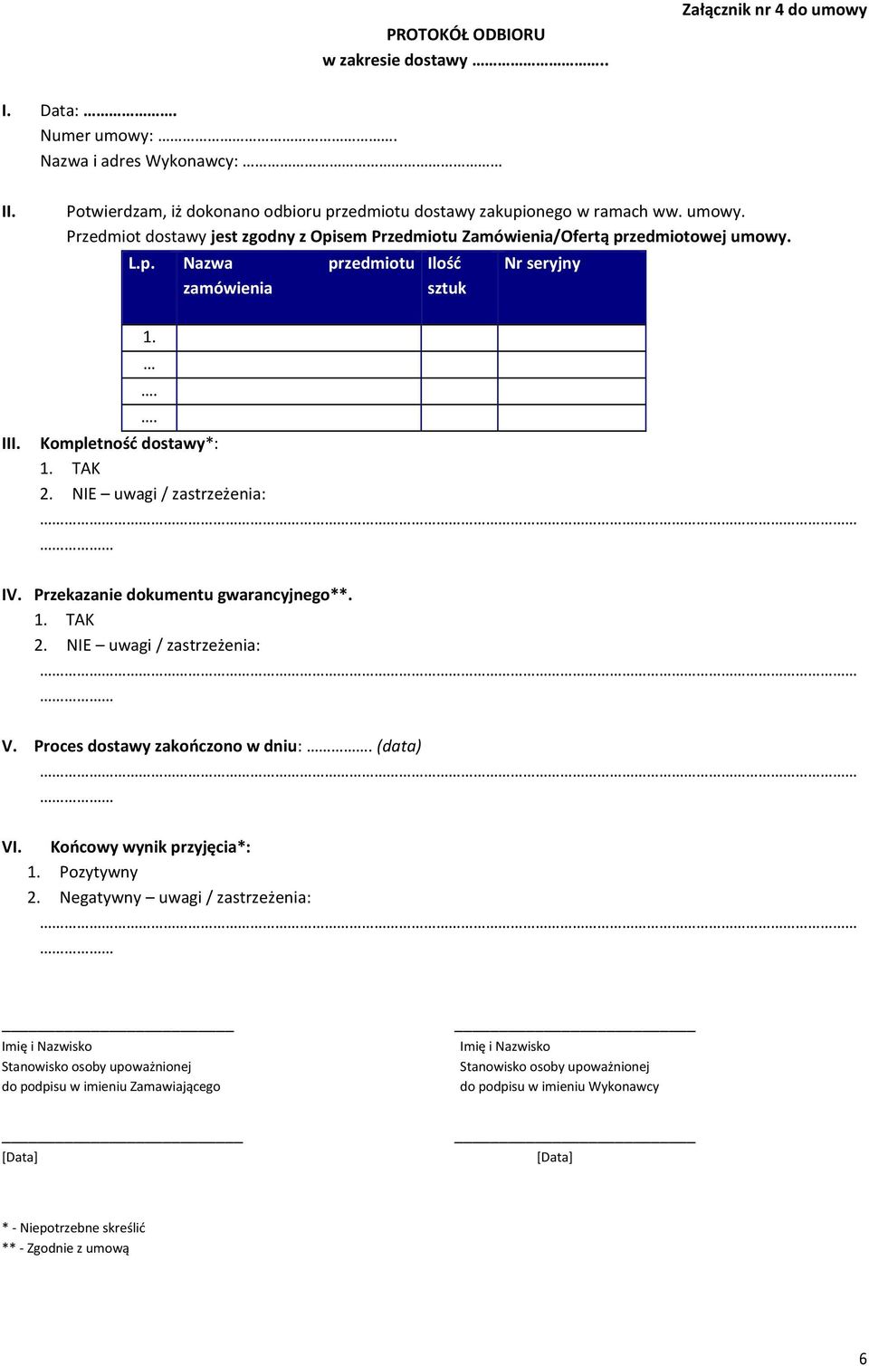 NIE uwagi / zastrzeżenia: IV. Przekazanie dokumentu gwarancyjnego**. 1. TAK 2. NIE uwagi / zastrzeżenia: V. Proces dostawy zakończono w dniu:. (data) VI. Końcowy wynik przyjęcia*: 1. Pozytywny 2.