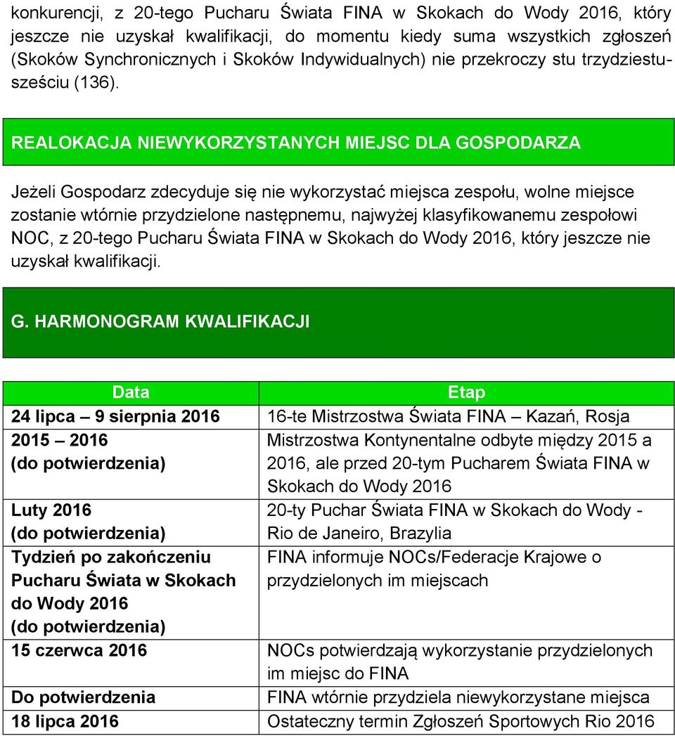 REALOKACJA NIEWYKORZYSTANYCH MIEJSC DLA GOSPODARZA Jeżeli Gospodarz zdecyduje się nie wykorzystać miejsca zespołu, wolne miejsce zostanie wtórnie przydzielone następnemu, najwyżej klasyfikowanemu