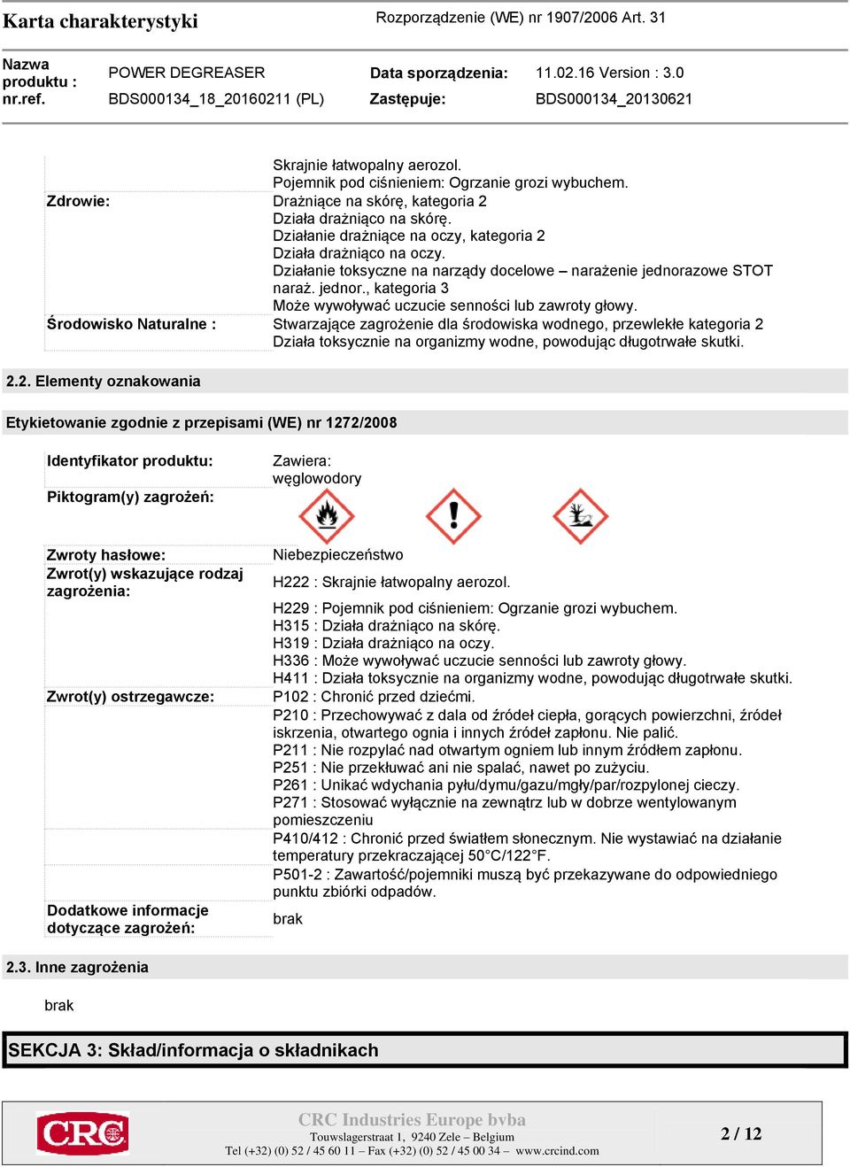 Środowisko Naturalne : Stwarzające zagrożenie dla środowiska wodnego, przewlekłe kategoria 2 