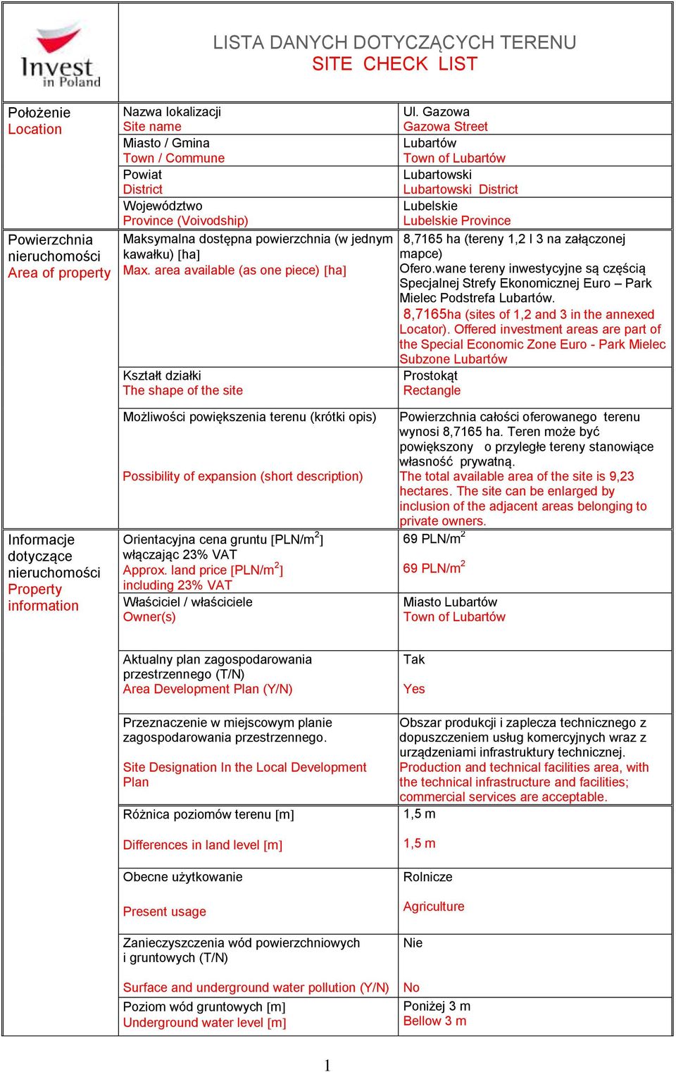 Gazowa Gazowa Street Lubartów Town of Lubartów Lubartowski Lubartowski District Lubelskie Lubelskie Province 8,7165 ha (tereny 1,2 I 3 na załączonej mapce) Ofero.