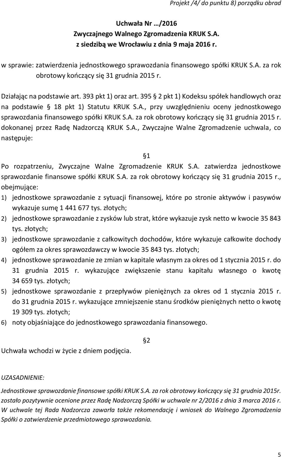 dokonanej przez Radę Nadzorczą KRUK S.A., Zwyczajne Walne Zgromadzenie uchwala, co następuje: Po rozpatrzeniu, Zwyczajne Walne Zgromadzenie KRUK S.A. zatwierdza jednostkowe sprawozdanie finansowe spółki KRUK S.