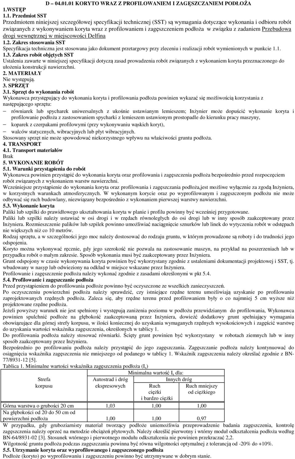 związanych z wykonywaniem koryta wraz z profilowaniem i zagęszczeniem podłoża w związku z zadaniem Przebudowa drogi wewnętrznej w miejscowości Delfina 1.2.