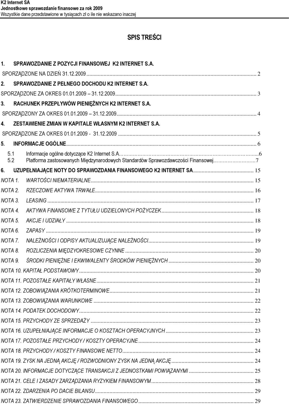 INFORMACJE OGÓLNE... 6 5.1 Informacje ogólne dotyczące K2 Internet S.A...6 5.2 Platforma zastosowanych Międzynarodowych Standardów Sprawozdawczości Finansowej 7 6.