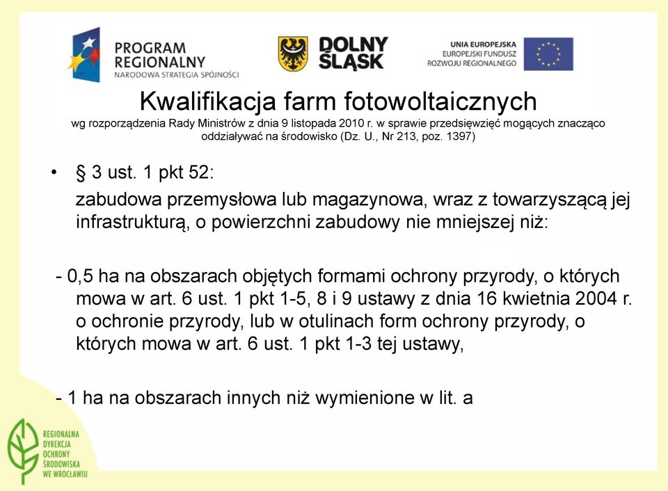 1 pkt 52: zabudowa przemysłowa lub magazynowa, wraz z towarzyszącą jej infrastrukturą, o powierzchni zabudowy nie mniejszej niż: - 0,5 ha na obszarach