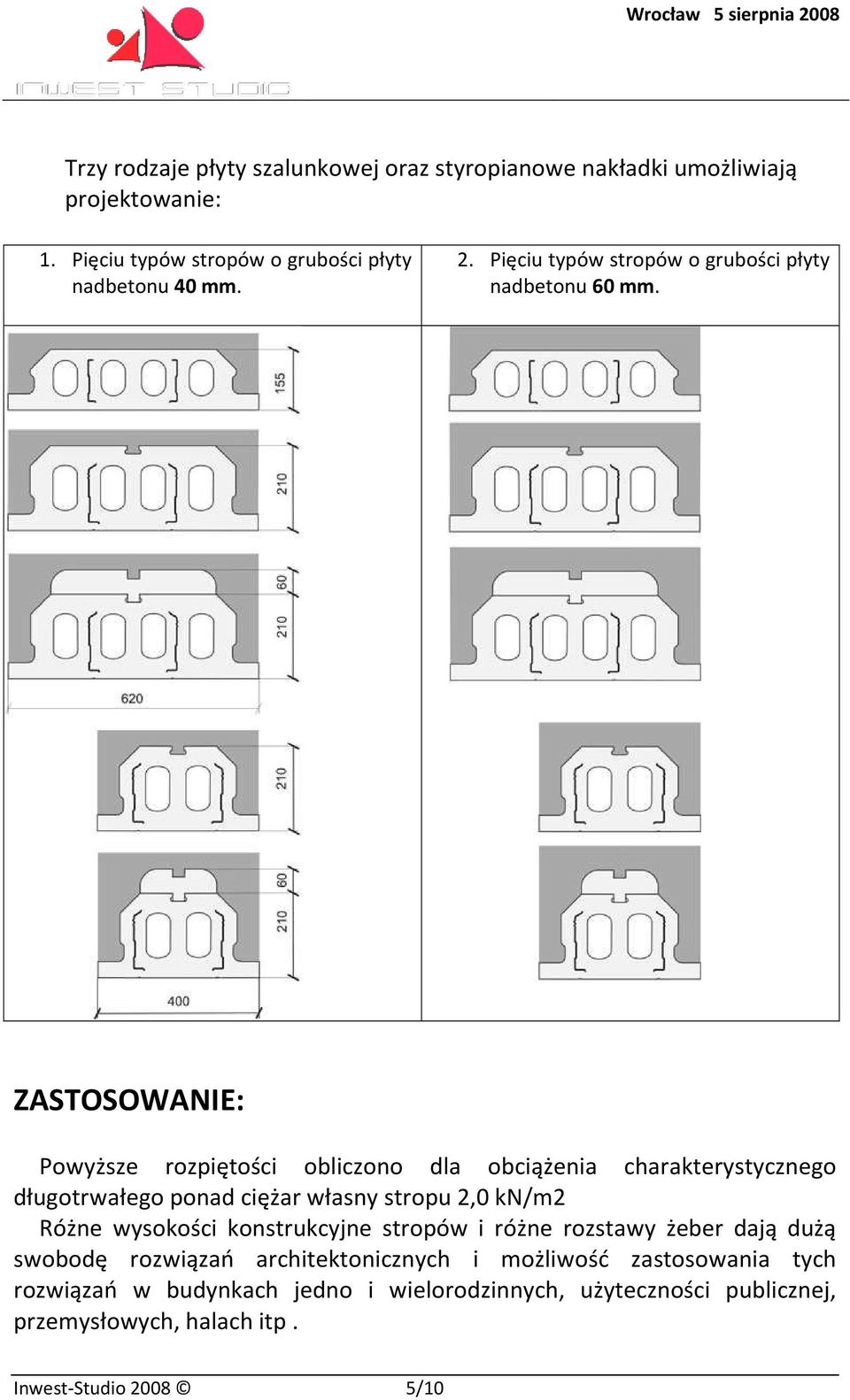 ZASTOSOWANIE: Powyższe rozpiętości obliczono dla obciążenia charakterystycznego długotrwałego ponad ciężar własny stropu 2,0 kn/m2 Różne wysokości