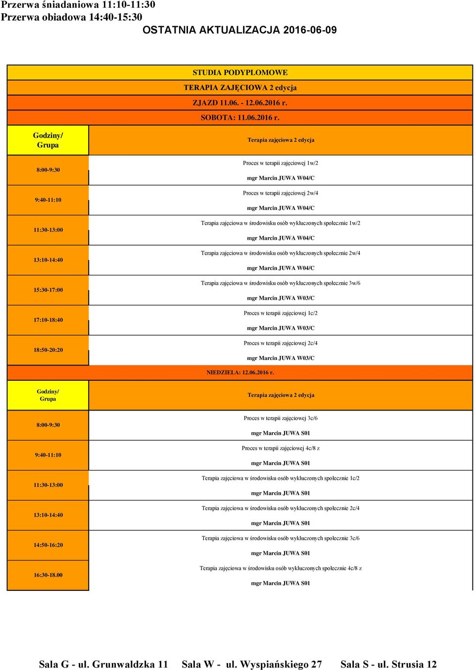 Proces w terapii zajęciowej 1w/2 Proces w terapii zajęciowej 2w/4 Terapia zajęciowa w środowisku osób wykluczonych społecznie 1w/2 Terapia zajęciowa w środowisku osób wykluczonych