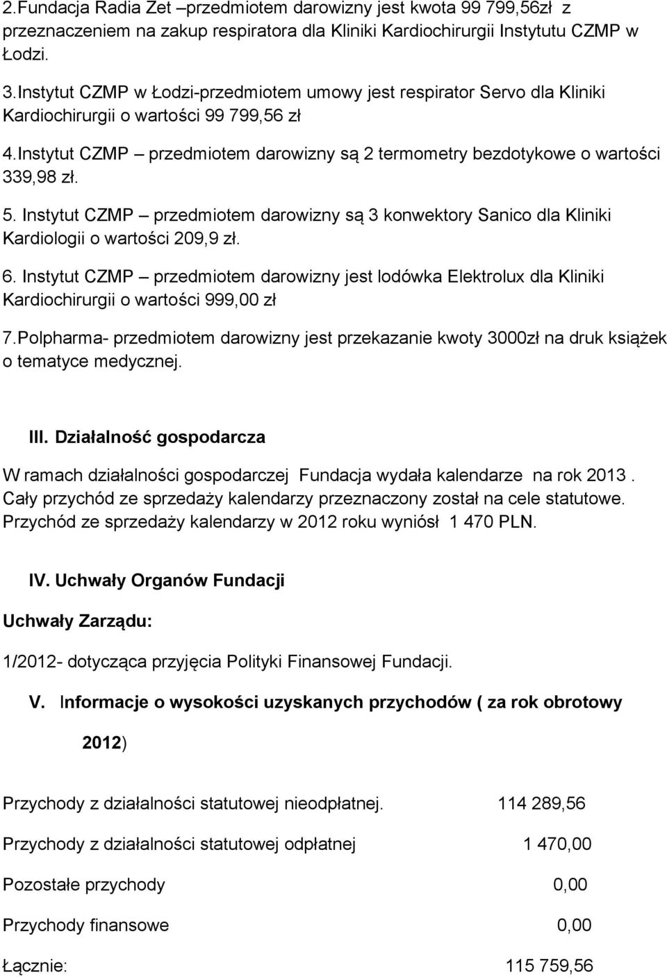 Instytut CZMP przedmiotem darowizny są 2 termometry bezdotykowe o wartości 339,98 zł. 5. Instytut CZMP przedmiotem darowizny są 3 konwektory Sanico dla Kliniki Kardiologii o wartości 209,9 zł. 6.