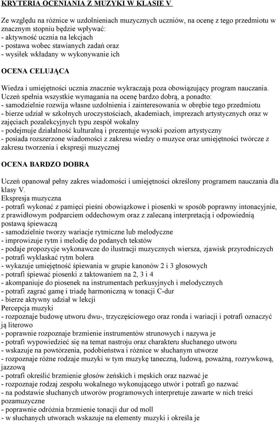 Uczeń spełnia wszystkie wymagania na ocenę bardzo dobrą, a ponadto: - samodzielnie rozwija własne uzdolnienia i zainteresowania w obrębie tego przedmiotu - bierze udział w szkolnych uroczystościach,