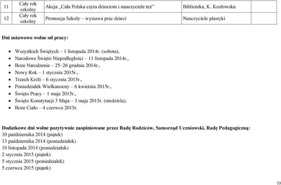 , Nowy Rok 1 stycznia 2015r., Trzech Króli 6 stycznia 2015r., Poniedziałek Wielkanocny 6 kwietnia 2015r., Święto Pracy 1 maja 2015r., Święto Konstytucji 3 Maja 3 maja 2015r.