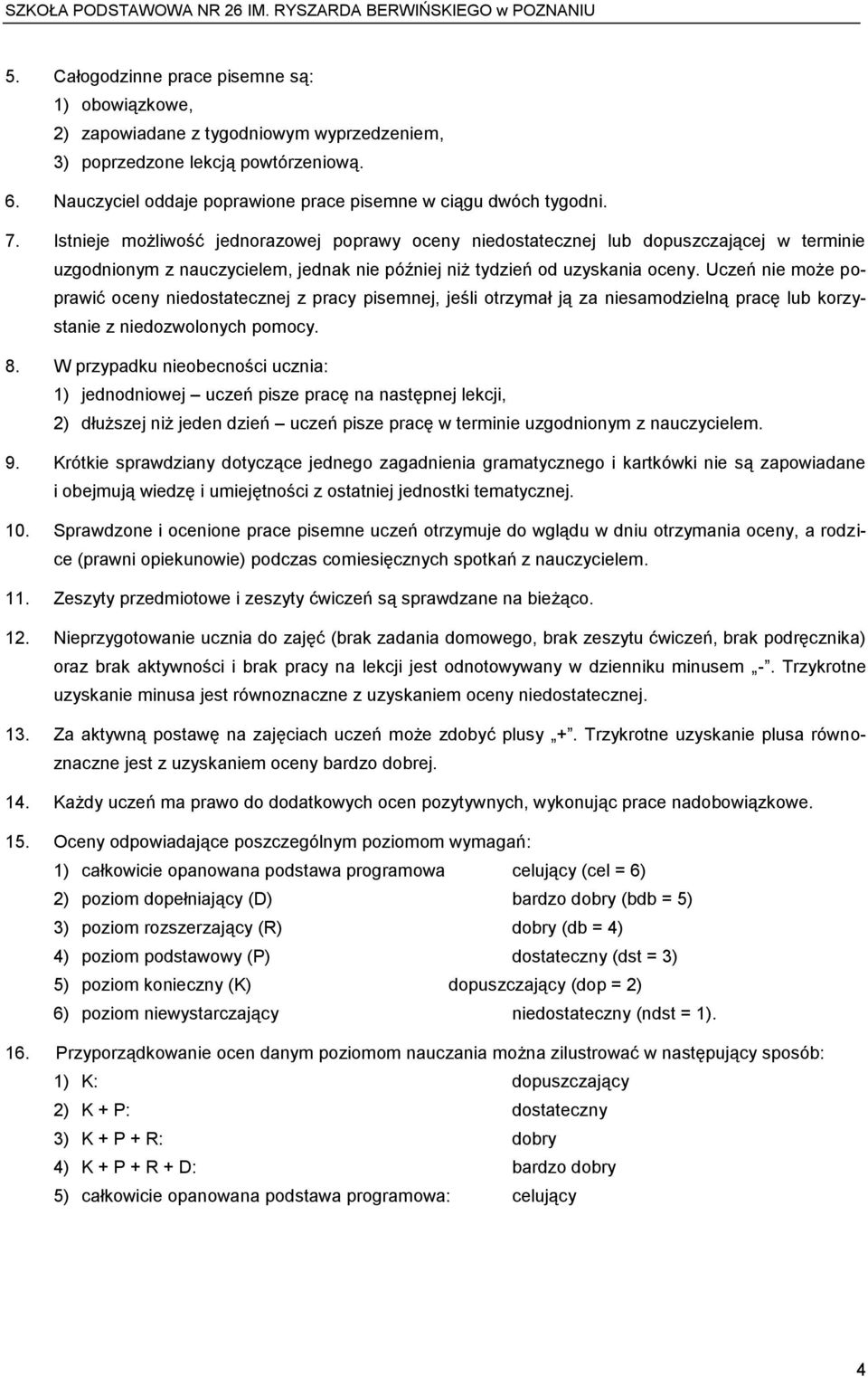 Uczeń nie może poprawić oceny niedostatecznej z pracy pisemnej, jeśli otrzymał ją za niesamodzielną pracę lub korzystanie z niedozwolonych pomocy. 8.