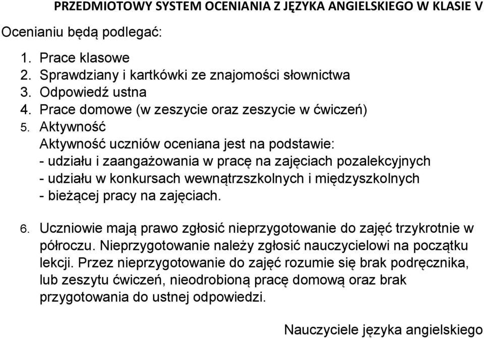 Aktywność Aktywność uczniów oceniana jest na podstawie: - udziału i zaangażowania w pracę na zajęciach pozalekcyjnych - udziału w konkursach wewnątrzszkolnych i międzyszkolnych - bieżącej pracy