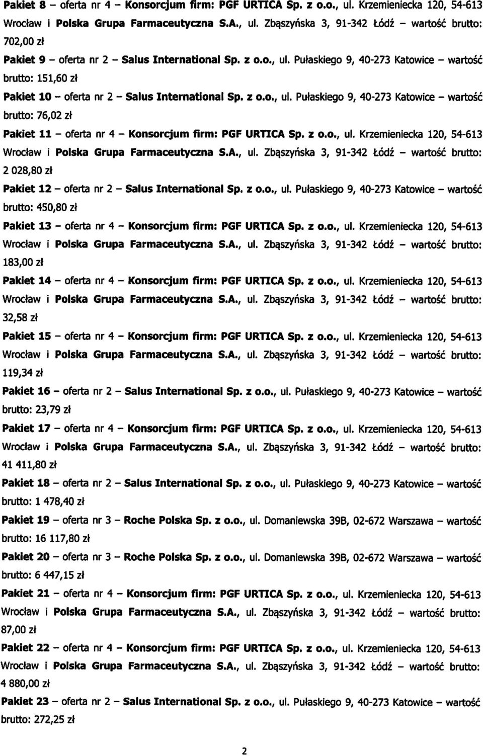 z o.o., ul. Krzemieniecka 10, 5-613 Wroclaw i Polska Grupa Farmaceutyczna S.A., ul. Zba.szyriska 3, 91-3 todz - wartosc 08,80 zl Pakiet 1 - oferta nr - Salus International Sp. z o.o., ul. Putaskiego 9, 0-73 Katowice - wartosc 50,80 zl Pakiet 13 - oferta nr - Konsorcjum firm: PGF URTICA Sp.