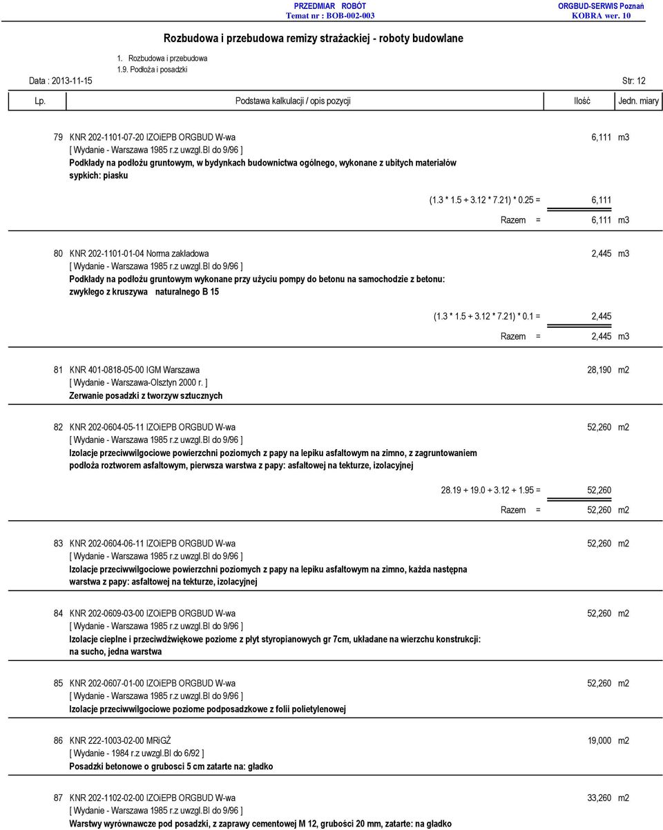 25 = 6,111 Razem = 6,111 m3 80 KNR 202-1101-01-04 Norma zakładowa 2,445 m3 Podkłady na podłożu gruntowym wykonane przy użyciu pompy do betonu na samochodzie z betonu: zwykłego z kruszywa naturalnego