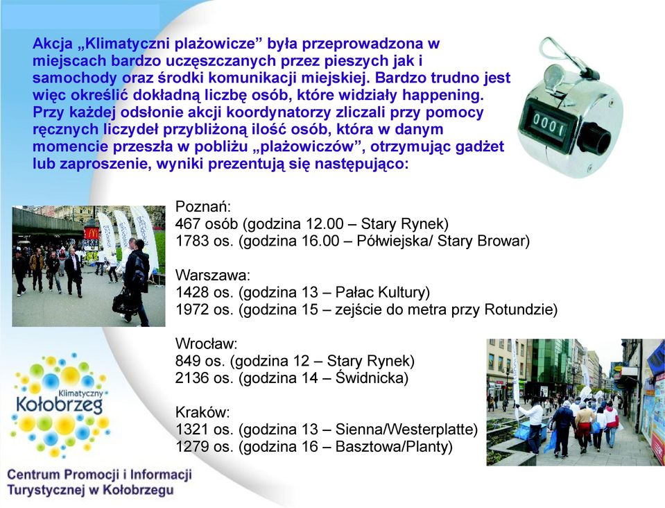 Przy każdej odsłonie akcji koordynatorzy zliczali przy pomocy ręcznych liczydeł przybliżoną ilość osób, która w danym momencie przeszła w pobliżu plażowiczów, otrzymując gadżet lub zaproszenie,