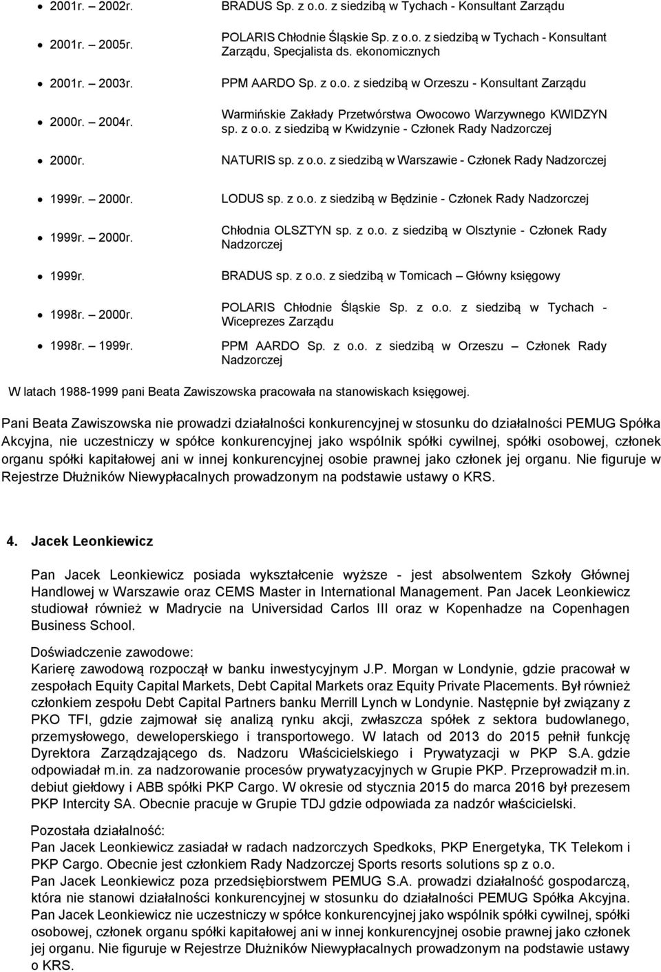 2000r. 1999r. 2000r. 1999r. 1998r. 2000r. 1998r. 1999r. LODUS sp. z o.o. z siedzibą w Będzinie - Chłodnia OLSZTYN sp. z o.o. z siedzibą w Olsztynie - Członek Rady BRADUS sp. z o.o. z siedzibą w Tomicach Główny księgowy POLARIS Chłodnie Śląskie Sp.