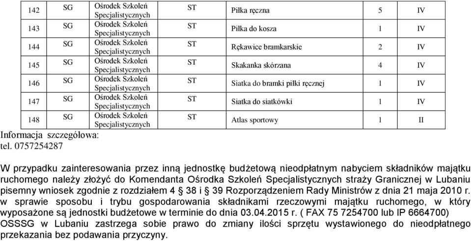 inną jednostkę budżetową nieodpłatnym nabyciem składników majątku ruchomego należy złożyć do Komendanta Ośrodka Szkoleń straży Granicznej w Lubaniu pisemny wniosek zgodnie z rozdziałem 4 38 i 39