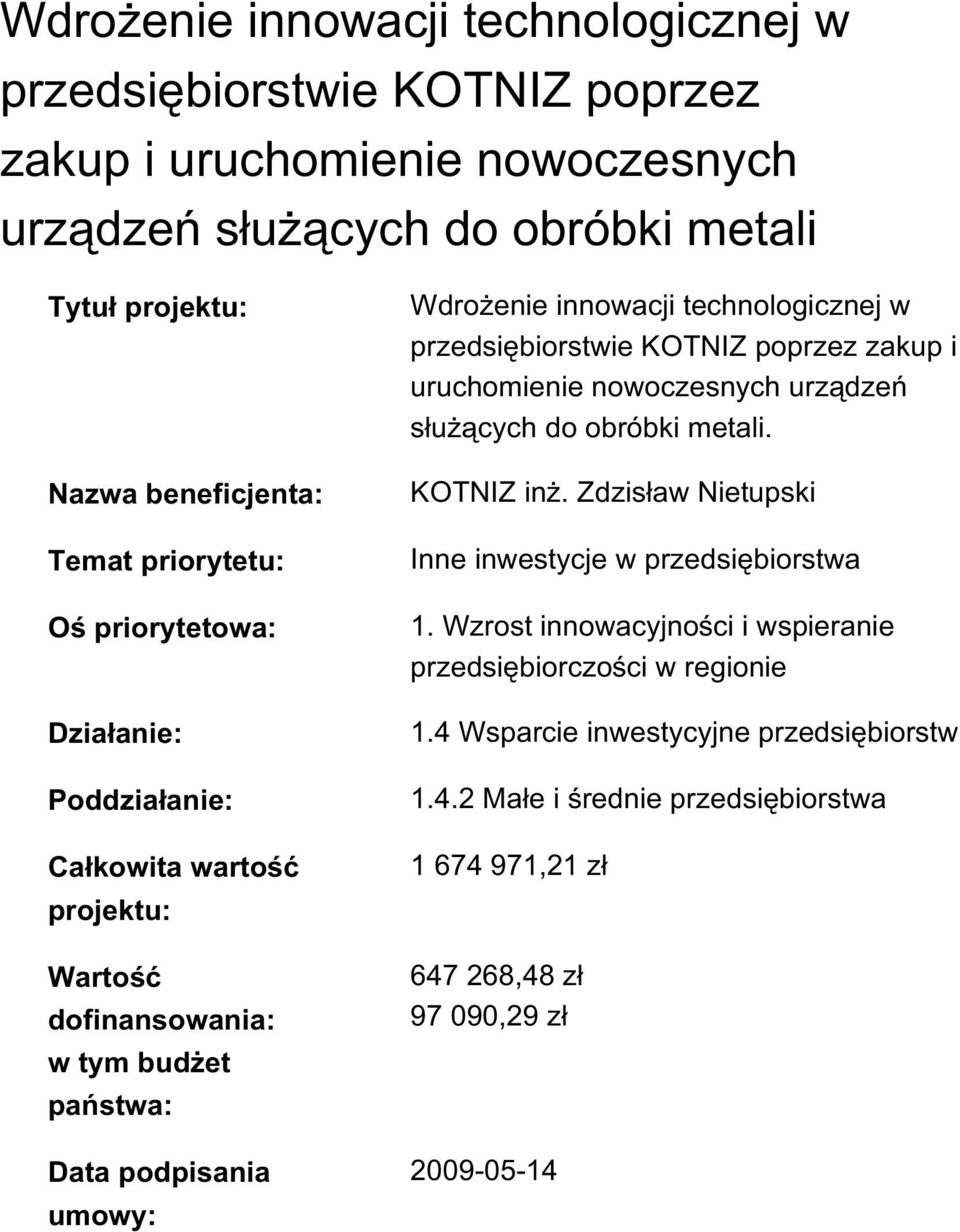 w przedsiębiorstwie KOTNIZ poprzez zakup i uruchomienie nowoczesnych urządzeń służących do obróbki metali. KOTNIZ inż. Zdzisław Nietupski Inne inwestycje w przedsiębiorstwa 1.