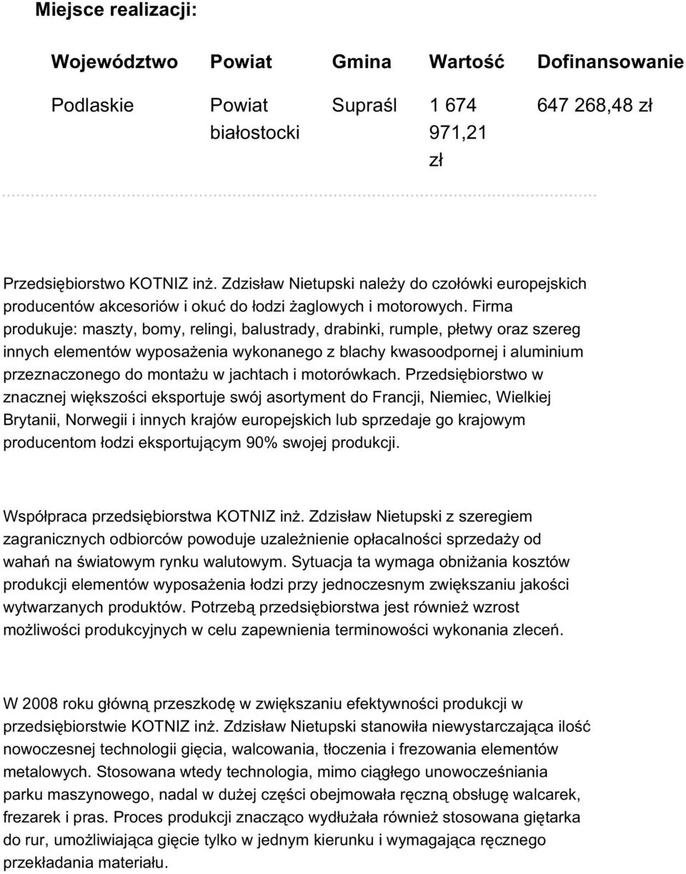 Firma produkuje: maszty, bomy, relingi, balustrady, drabinki, rumple, płetwy oraz szereg innych elementów wyposażenia wykonanego z blachy kwasoodpornej i aluminium przeznaczonego do montażu w