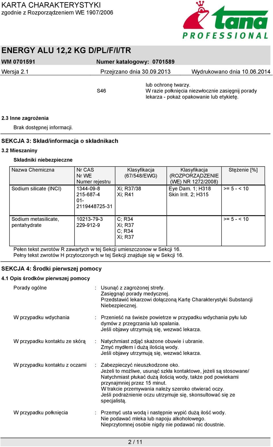 2 Mieszaniny Składniki niebezpieczne Nazwa Chemiczna Nr CAS Nr WE Numer rejestru Sodium silicate (INCI) 1344-09-8 215-687-4 01-2119448725-31 Klasyfikacja (67/548/EWG) Xi; R37/38 Xi; R41 Klasyfikacja