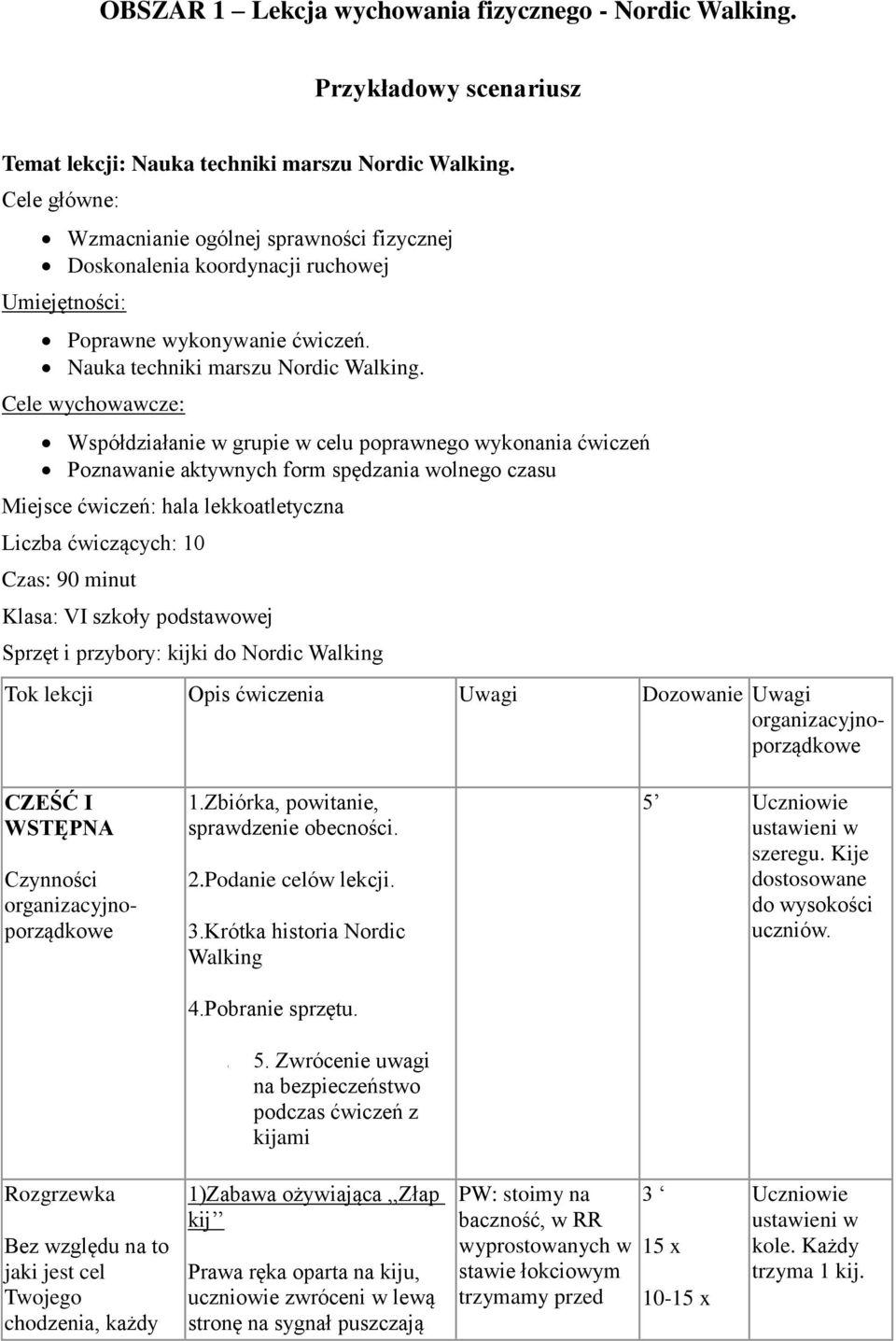 Cele wychowawcze: Współdziałanie w grupie w celu poprawnego wykonania ćwiczeń Poznawanie aktywnych form spędzania wolnego czasu Miejsce ćwiczeń: hala lekkoatletyczna Liczba ćwiczących: 10 Czas: 90