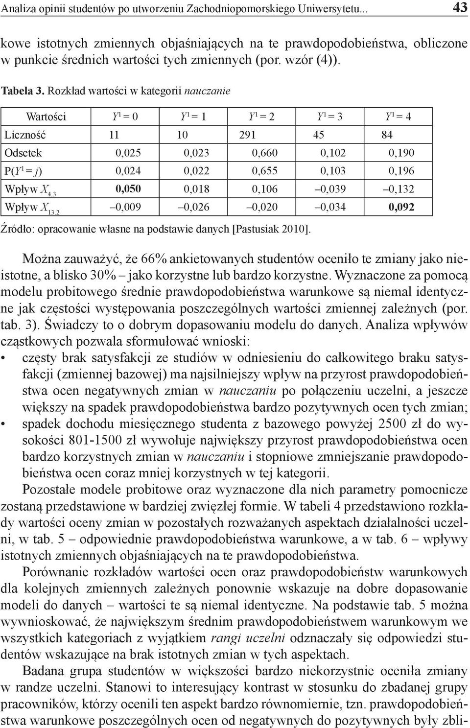 Rozkład wartości w kategorii nauczanie Wartości Y 1 = 0 Y 1 = 1 Y 1 = 2 Y 1 = 3 Y 1 = 4 Liczność 11 10 291 45 84 Odsetek 0,025 0,023 0,660 0,102 0,190 P(Y 1 = j) 0,024 0,022 0,655 0,103 0,196 Wpływ 4.