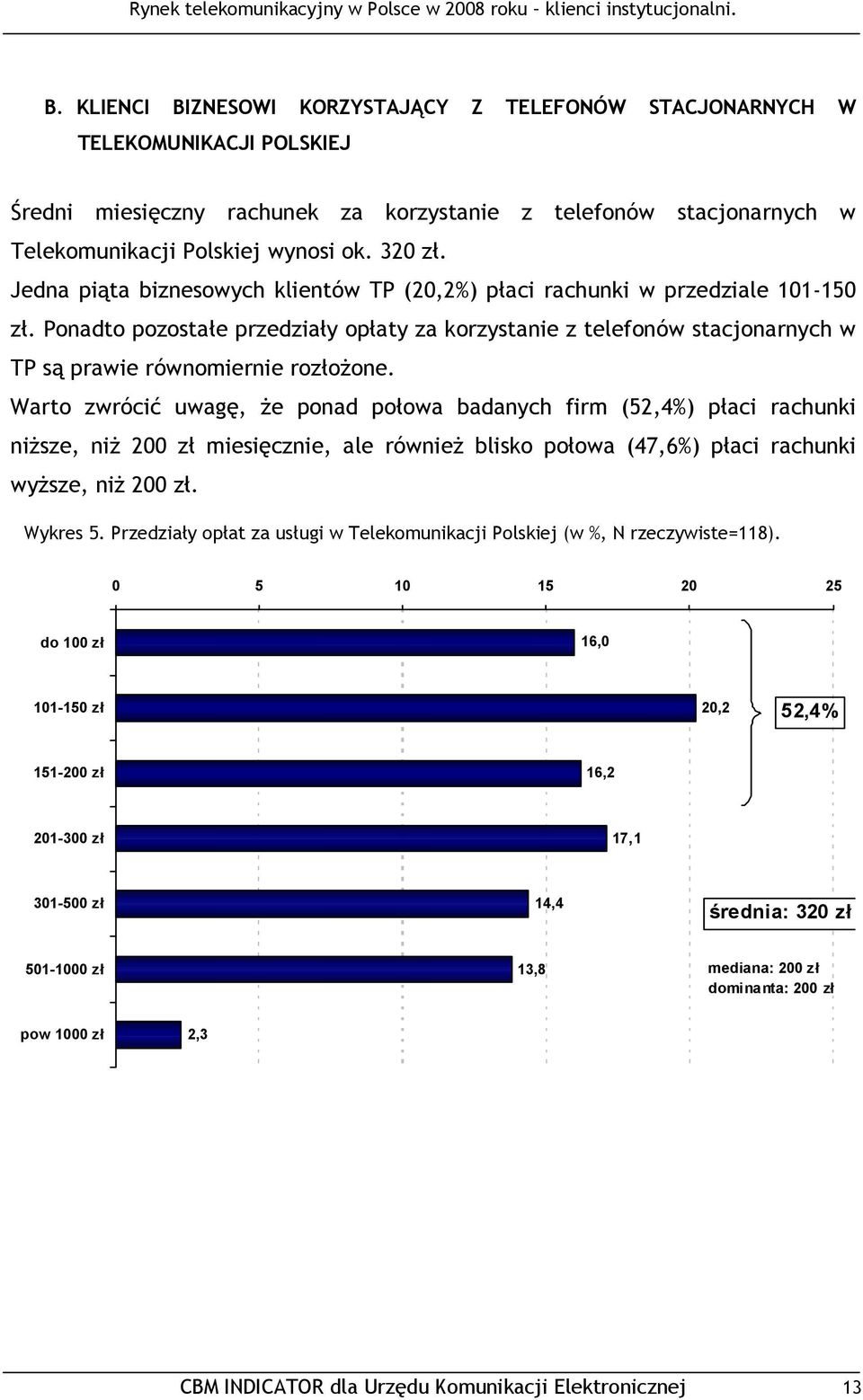 Warto zwrócić uwagę, że ponad połowa badanych firm (52,4%) płaci rachunki niższe, niż 200 zł miesięcznie, ale również blisko połowa (47,6%) płaci rachunki wyższe, niż 200 zł. Wykres 5.