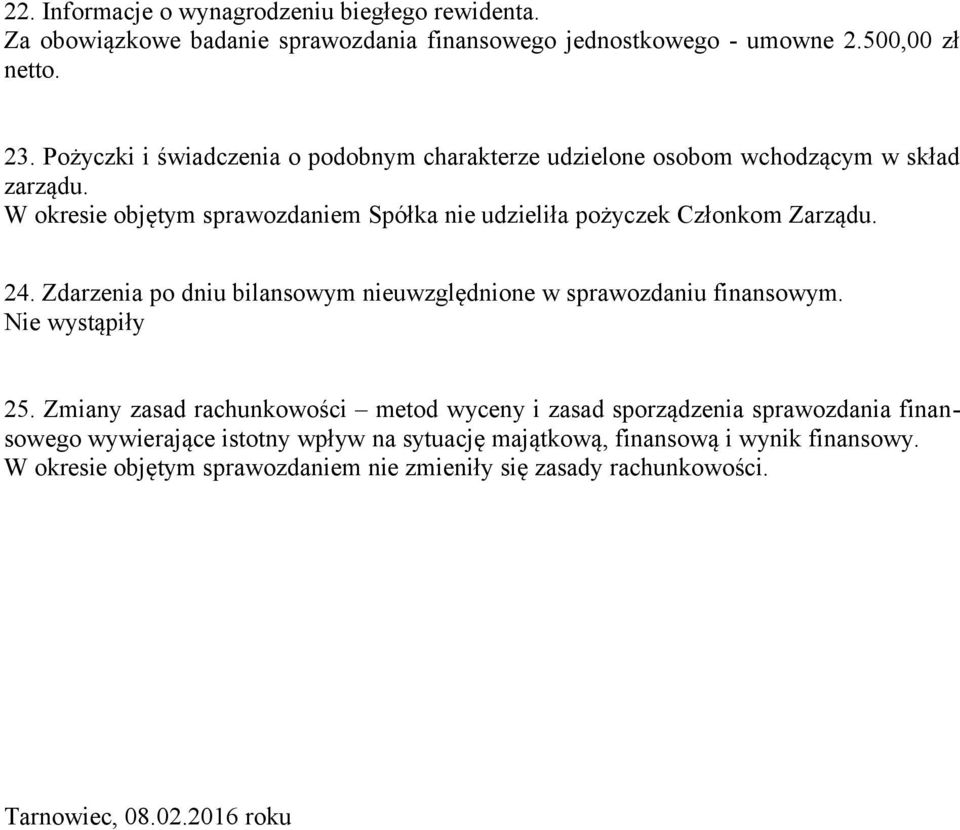 W okresie objętym sprawozdaniem Spółka nie udzieliła pożyczek Członkom Zarządu. 24. Zdarzenia po dniu bilansowym nieuwzględnione w sprawozdaniu finansowym.