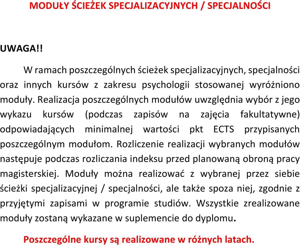 Rozliczenie realizacji wybranych modułów następuje podczas rozliczania indeksu przed planowaną obroną pracy magisterskiej.