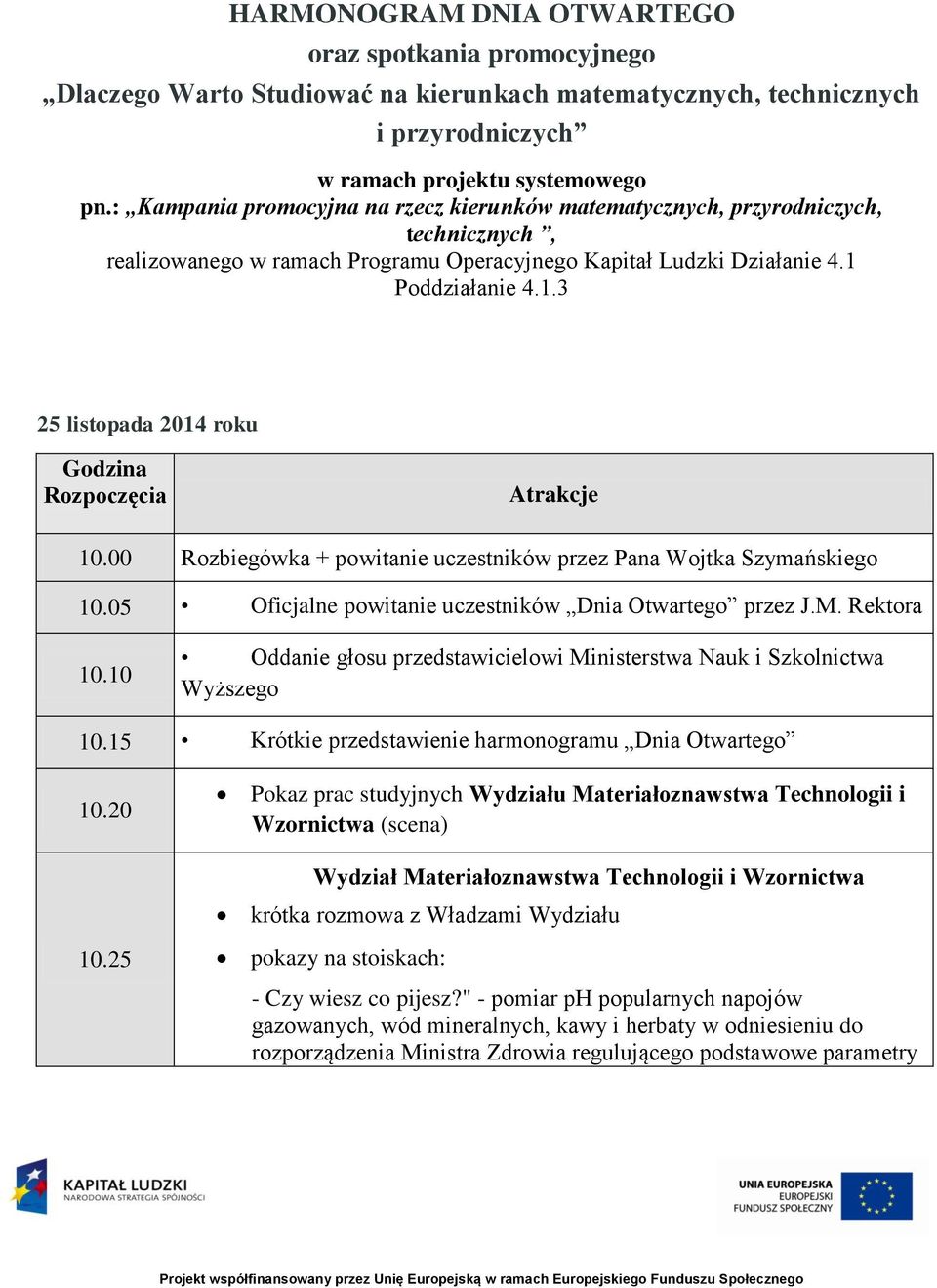 Poddziałanie 4.1.3 25 listopada 2014 roku Godzina Rozpoczęcia Atrakcje 10.00 Rozbiegówka + powitanie uczestników przez Pana Wojtka Szymańskiego 10.