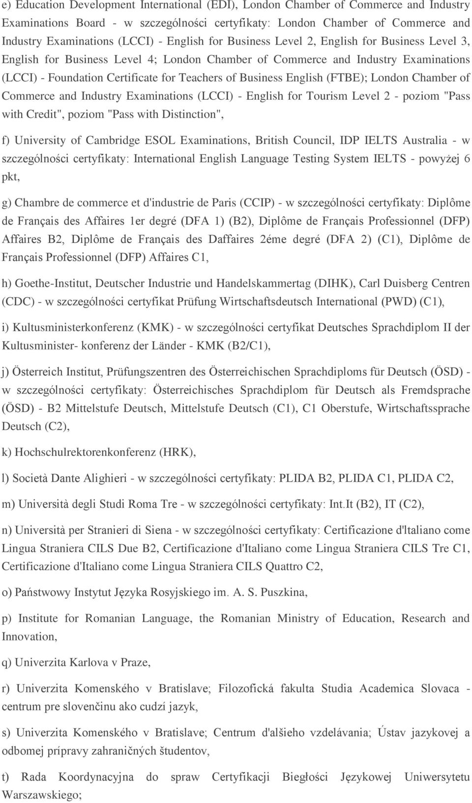 English (FTBE); London Chamber of Commerce and Industry Examinations (LCCI) - English for Tourism Level 2 - poziom "Pass with Credit", poziom "Pass with Distinction", f) University of Cambridge ESOL