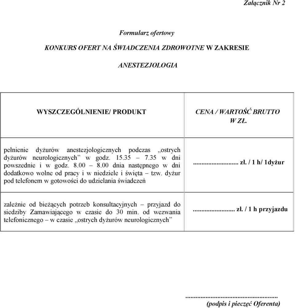 00 dnia następnego w dni dodatkowo wolne od pracy i w niedziele i święta tzw. dyżur pod telefonem w gotowości do udzielania świadczeń... zł.